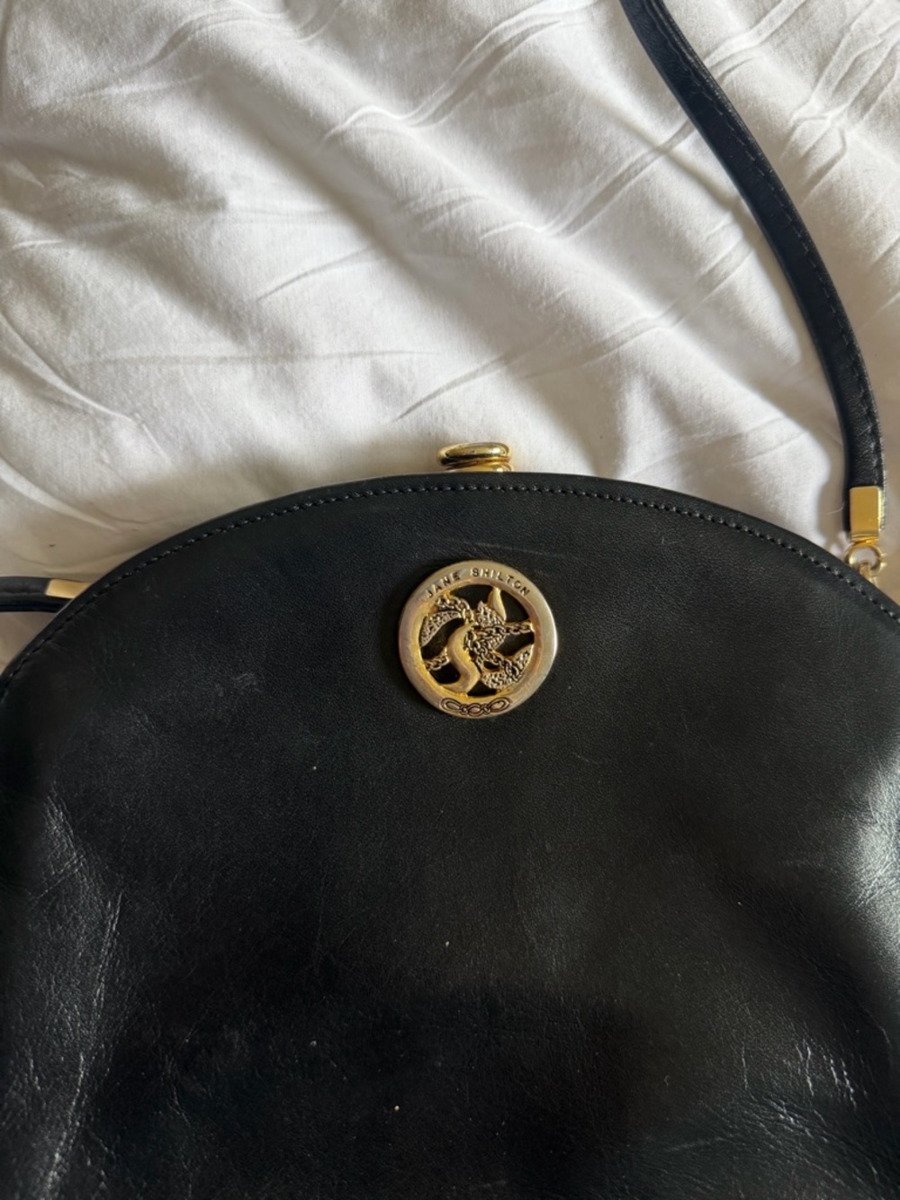 Jane Shilton vintage Black Leather Dome Crossbody with Gold Logo